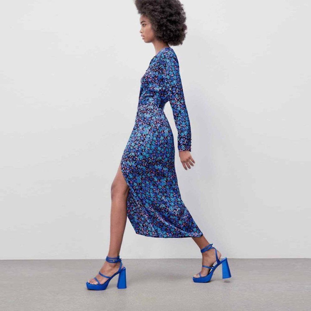🆕️ Zara Floral Belted Long Sleeve Keyhole Midi Maxi Dress in Blue Multicolor
